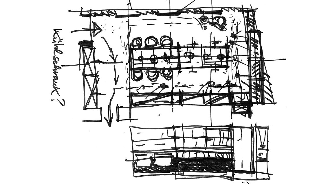 Händisch gezeichnete Skizze des neuen Besprechungsraumes des Interior-Design Studios Grünbeck Einrichtungen in Wien