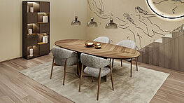 Christine Kröncke Gloria Armlehnstuhl|ein komfortabler Essstuhl|erhältlich in 2 Ausführungen, in Eiche oder Nussbaum und in Stoff oder Leder bei Grünbeck Einrichtungen 1050 Wien