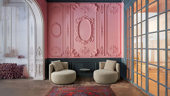 Petite fleur – affordable fabric armchairs with swivel frames and return mechanisms from the internationally successful company Papadatos are available from Grünbeck Einrichtungen Vienna.