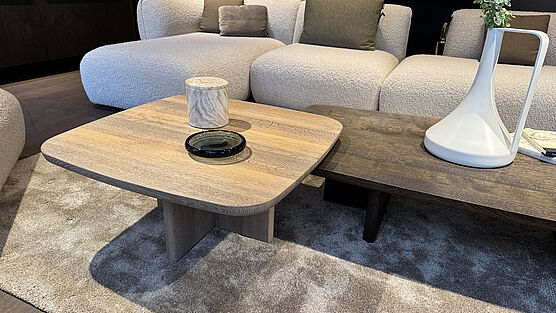 The Janua BC20 T-Rox coffee table, in a square design, smoked white oak with a raw finish, is now available at a reduced price at Grünbeck Einrichtungen.