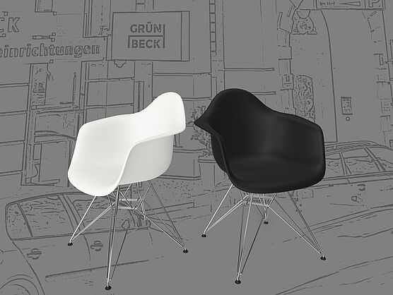 Vitra Eames Plastic Armchair DAR Quickship 2021 mit Drahtgestell in Chrom und Sitzschale in schwarz oder weiß ist im Werk lagernd und schnell lieferbar bei Gruenbeck Interiors Wien