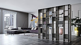 The Cattelan Italia Latitude metal bookcase offers a wide range of design options: upright or horizontal, as a room divider, in alcoves, as chest of drawers furniture, available from Grünbeck Einrichtungen Vienna.