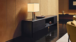 The Poliform Duke sideboard chest of drawers – pictured in black elm – is available from Grünbeck Einrichtungen in various heights and dimensions and with different designs (folding doors, hinged doors, drawers, open shelves).