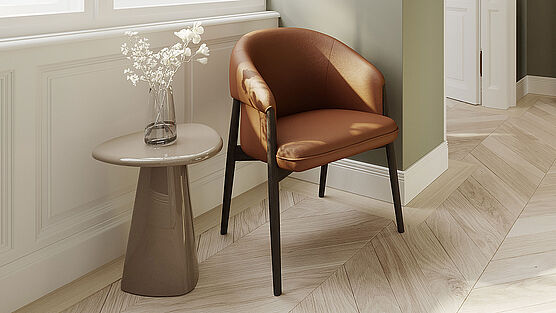 Christine Kröncke Gloria Armlehnstuhl|ein komfortabler Essstuhl|erhältlich in 2 Ausführungen, in Eiche oder Nussbaum und in Stoff oder Leder bei Grünbeck Einrichtungen 1050 Wien