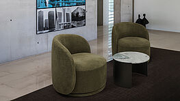 The Philip Armchair—an affordable armchair with a swivel base from the internationally successful company Papadatos—is available at Grünbeck Einrichtungen in Vienna