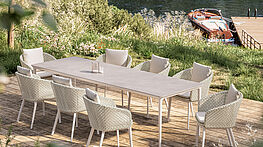 Dedon Bellmonde Esstisch mit Mbrace Alu Stühlen erhältlich bei Grünbeck Einrichtungen Wien