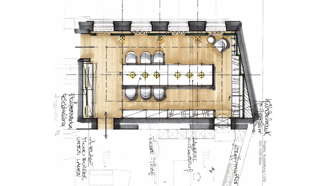 Handgezeichneter Grundriss Entwurf des Besprechungsraumes des Interior-Design Studios Grünbeck Einrichtungen in Wien