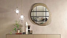 Fiam Shift wall mirror – round with 2 levels made of a lacquered metal frame and fused silver-plated glass in bronze or smoked glass – available at Grünbeck Einrichtungen Wien