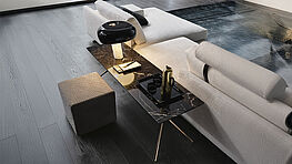 The Mondrian console table by Poliform with a delicate metal frame and a top in marble, wood or lacquered finish – available from Grünbeck Einrichtungen.