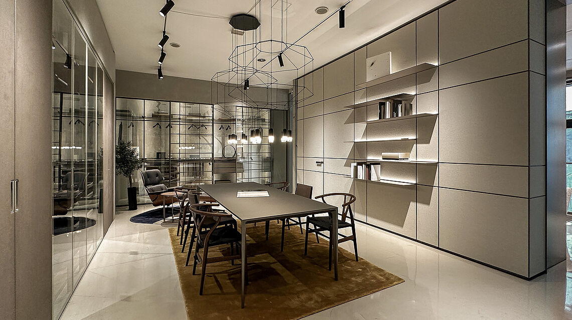 Rimadesio shop in shop Vienna by Grünbeck interiors 01 | showrooms on 2 levels | architects service | Modulor walls and hidden Cover cabinets