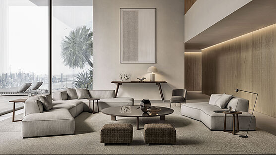 Das Sofasystem Flexform Perry | Design Antonio Citterio | Mit weichen gepolsterten Elementen, die variabel kombinierbar sind | Unregelmäßige Formen unterbrechen die Linearität der Sofas für eine dynamische Gestaltung | Bei Grünbeck Designers & Interiors in Wien