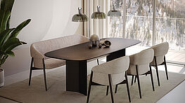 Christine Kröncke Gloria Armlehnstühle und Gloria Bank|komfortable Essmöbel|erhältlich in 2 Ausführungen, in Eiche oder Nussbaum und in Stoff oder Leder bei Grünbeck Einrichtungen 1050 Wien