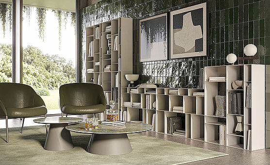 The Cattelan Italia Latitude metal bookcase offers a wide range of design options: upright or horizontal, as a room divider, in alcoves, as chest of drawers furniture, available from Grünbeck Einrichtungen Vienna.