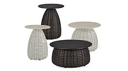 Die Dedon Outdoor Bestelltische Porcini in vier verschiedenen Größen und verschiedenen Geflechtfarben sind bei Grünbeck Einrichtungen Wien erhältlich.