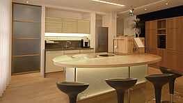 Partyküche mit Wandzeile und ovaler Insel im Abverkauf | Mit Gaggenau Geschirrspüler und Pizza-Backrohr | Gebraucht sehr günstig abzugeben | Selbstabholung Wien