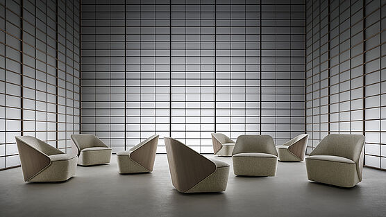 Mit Nest präsentiert Rimadesio einen ästhetisch eleganten Drehfauteuil mit einer weichen und schwungvollen Linienführung - erhältlich im Showroom Vienna by Grünbeck